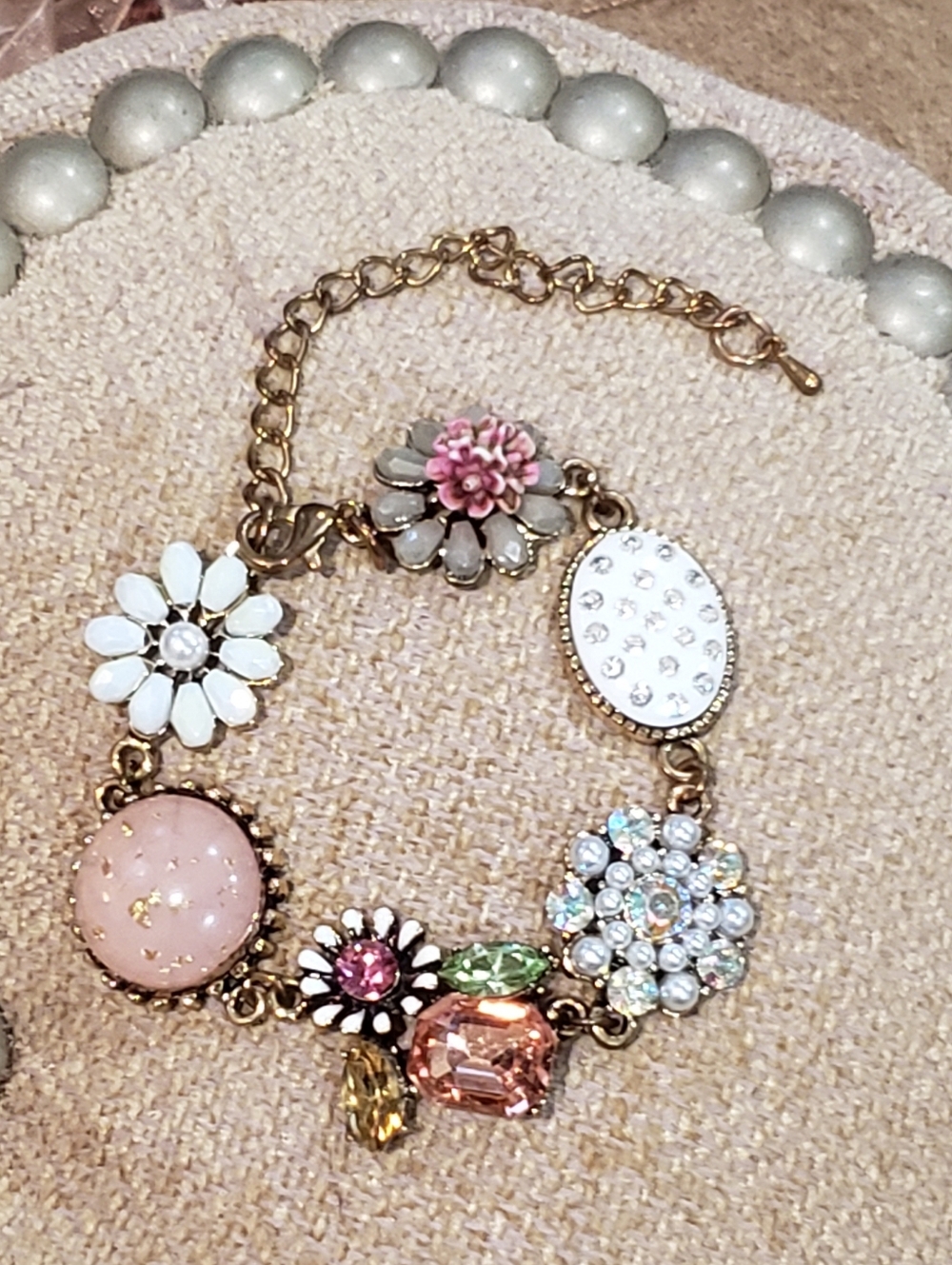 Gold-Tone Floral Crystal Statement Bracelet with Pink Accents